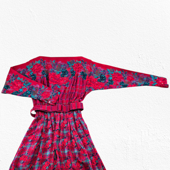 Vintage 80s Halston III Silk Floral Plaid Dress Red Pink Teal Belted Midi Size 4 - Picture 11 of 16